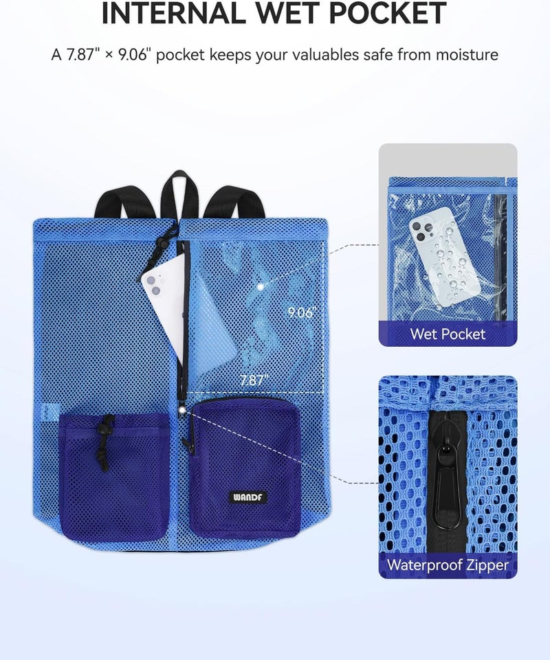WANDF Swim Bag Mesh Drawstring Backpack with Wet Pocket Beach Bag for Swimming Pool Gym Workout Men and Women - Image 2